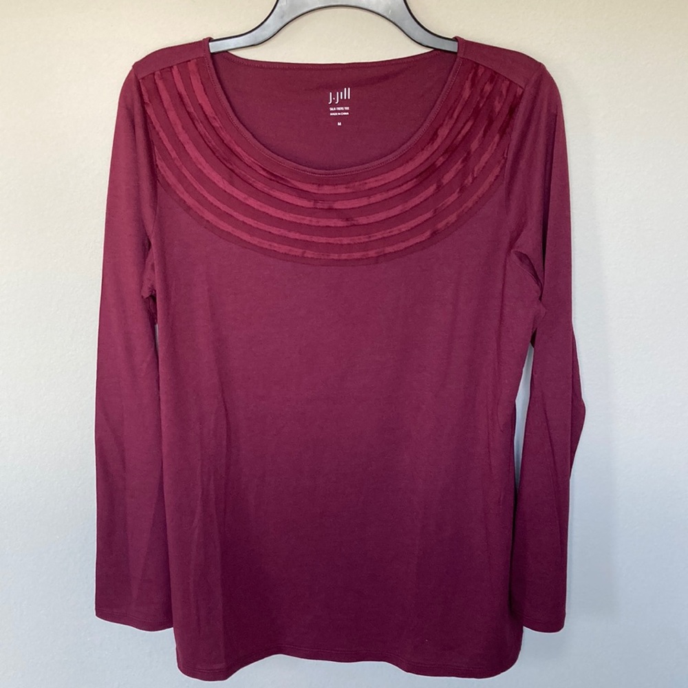J. Jill Burgundy Long Sleeve Silk Tier Top